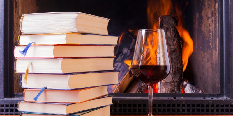 Reading Life: books, wine, fireplace