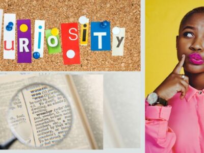 The word curiosity on a corkboard and a curious woman and a magnifying glass