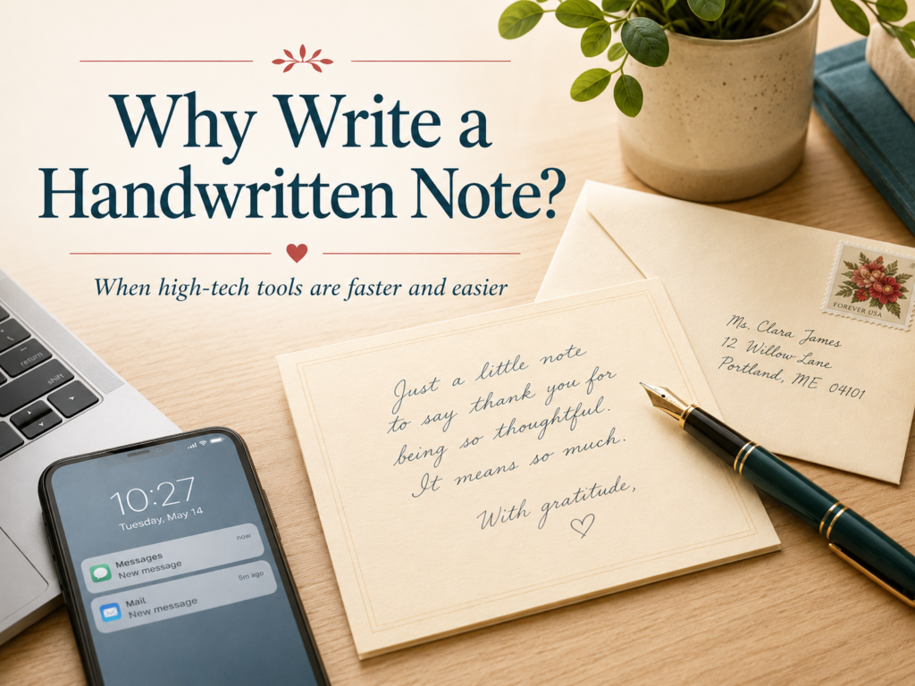 Pen and paper and handwritten note on desk