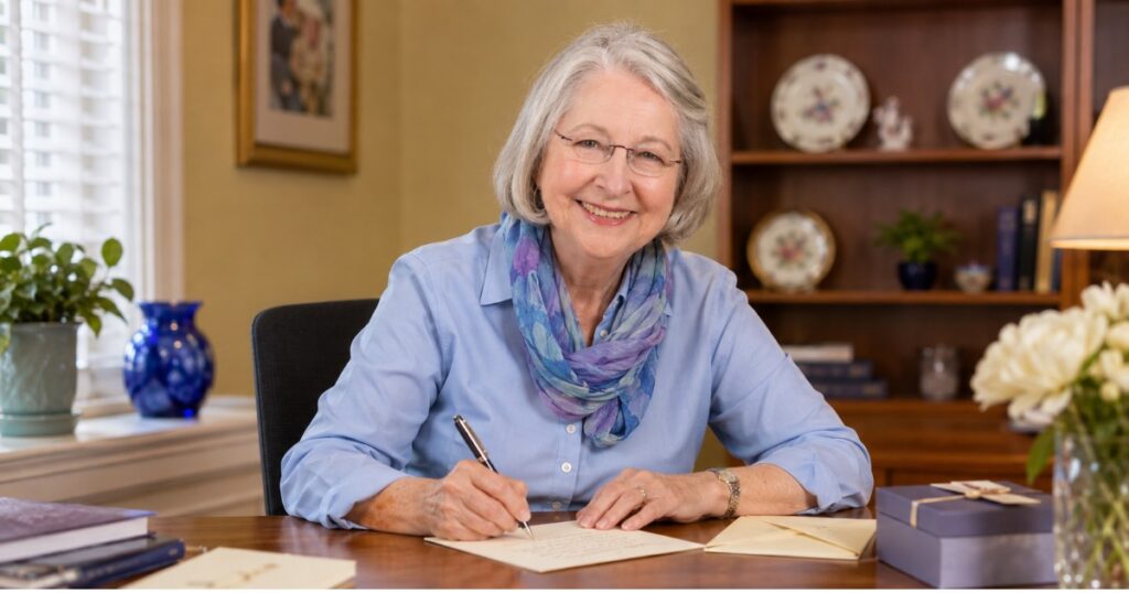 Elizabeth H. Cottrell, silver-haired and wearing a blue shirt and floral scarf, smiling as she writes a note by hand at a wooden desk with envelopes and flowers.