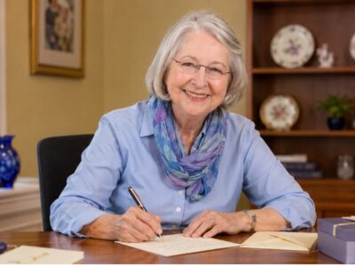 Elizabeth H. Cottrell, silver-haired and wearing a blue shirt and floral scarf, smiling as she writes a note by hand at a wooden desk with envelopes and flowers.