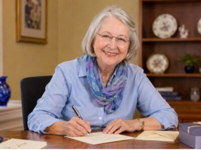 Elizabeth H. Cottrell, silver-haired and wearing a blue shirt and floral scarf, smiling as she writes a note by hand at a wooden desk with envelopes and flowers.