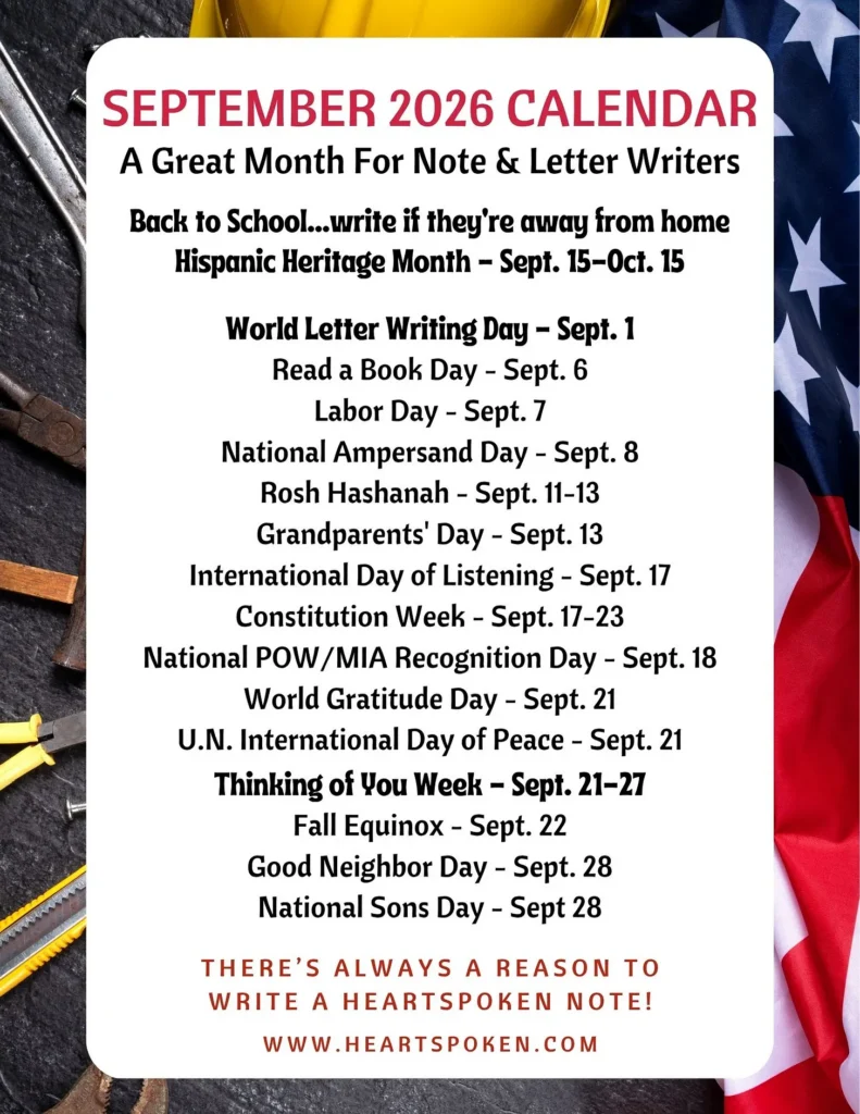September 2026 Calendar for Note and Letter Writers, listing the month's letter-writing occasions including World Letter Writing Day, Grandparents' Day, Thinking of You Week, and World Gratitude Day.