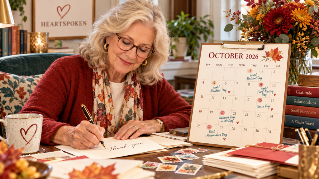 Nonprofit professional woman writing thank you notes at her desk with an October calendar open on her desk