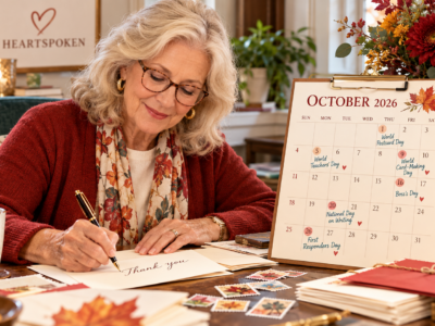 Nonprofit professional woman writing thank you notes at her desk with an October calendar open on her desk