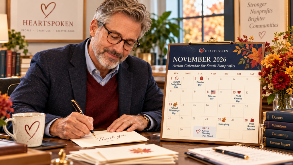 Nonprofit professional man writing notes in November