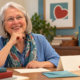 Illustration of Elizabeth H. Cottrell considering what to write in a handwritten donor thank-you note.