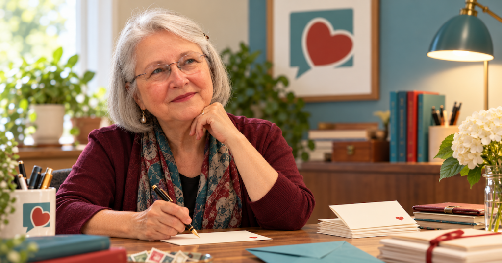 Elizabeth at her desk wondering how many letters she can write to a donor without bothering them.