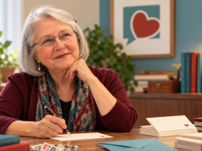 Elizabeth at her desk wondering how many letters she can write to a donor without bothering them.