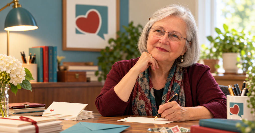 Elizabeth at her desk wondering how many letters she can write to a donor without bothering them.