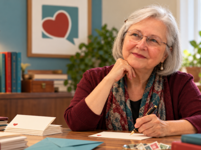 Elizabeth at her desk wondering how many letters she can write to a donor without bothering them.