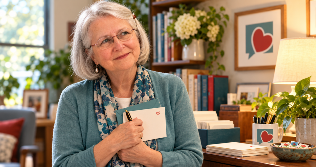 Elizabeth feeling shy and holding a pen and envelope