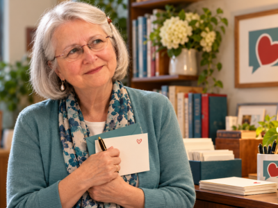Elizabeth feeling shy and holding a pen and envelope