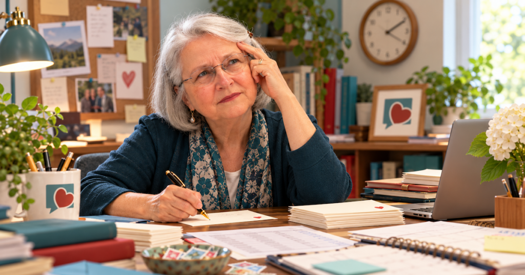 Elizabeth lat her desk ooks busy with no extra time - clock on wall