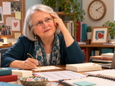 Elizabeth lat her desk ooks busy with no extra time - clock on wall