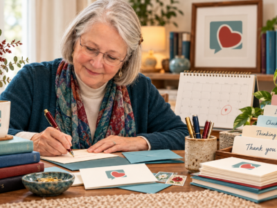 Elizabeth at her desk writing many different kinds of notes.
